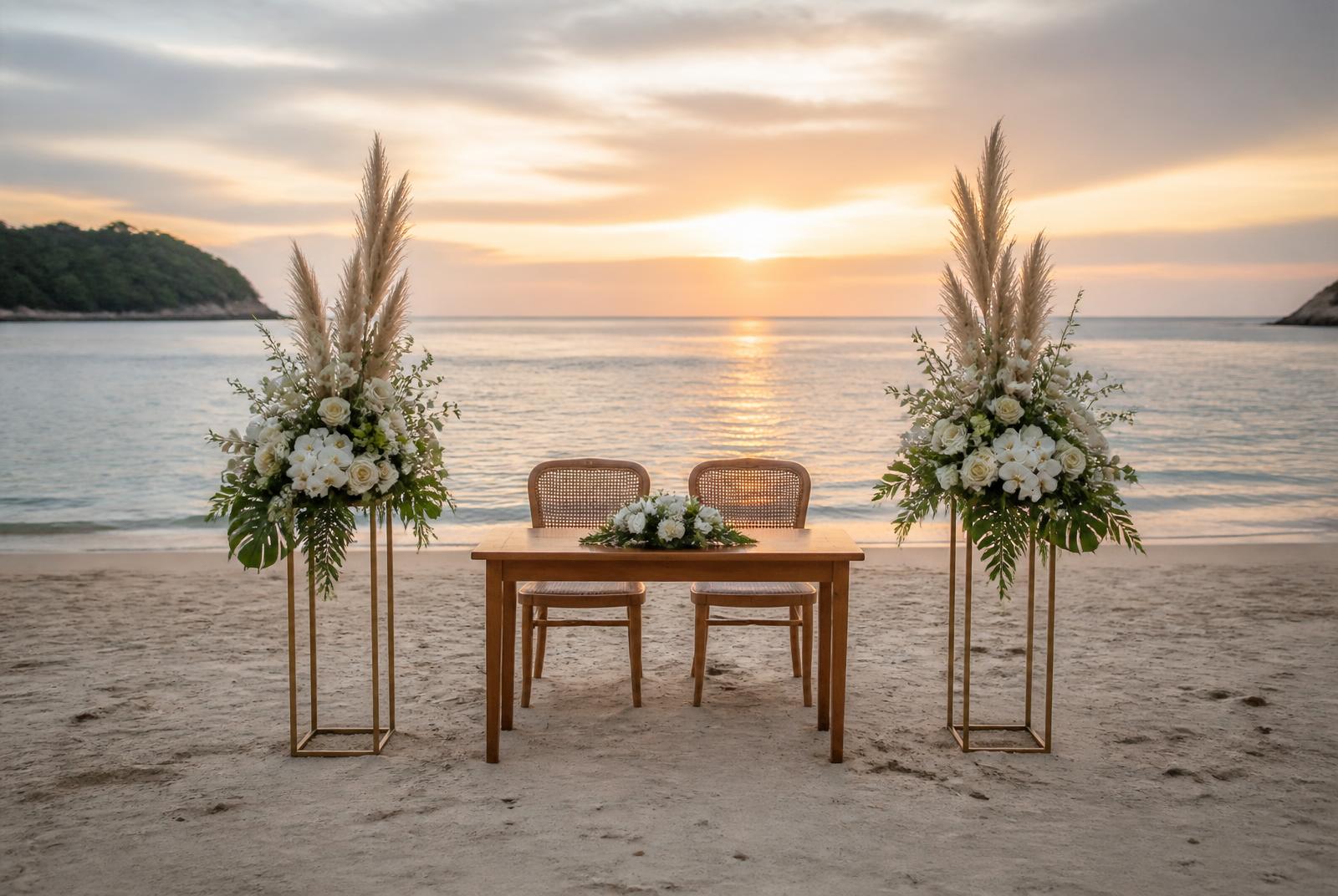 Standard Barefoot Ceremony setup at sunset — two tropical floral stands and a signing table on a Phuket beach